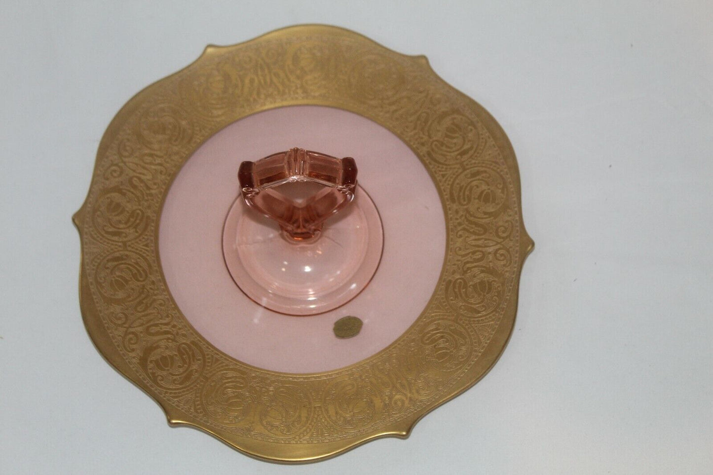 *RARE* Pink Glass Vintage National  Warranted 22 Karat Gold  Serving Platter 11"