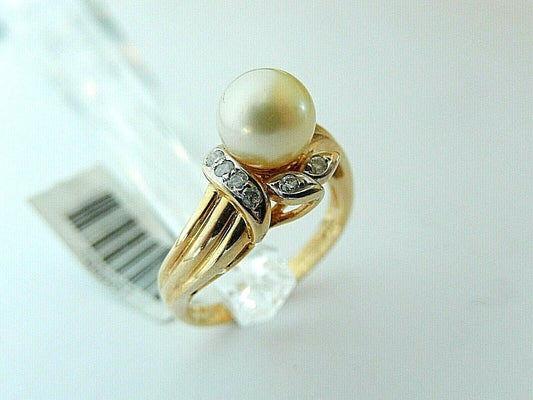 *VINTAGE* MINT 14k Yellow Gold VS1 H Diamond With 7mm Natural Pearl Ring Sz 6.75
