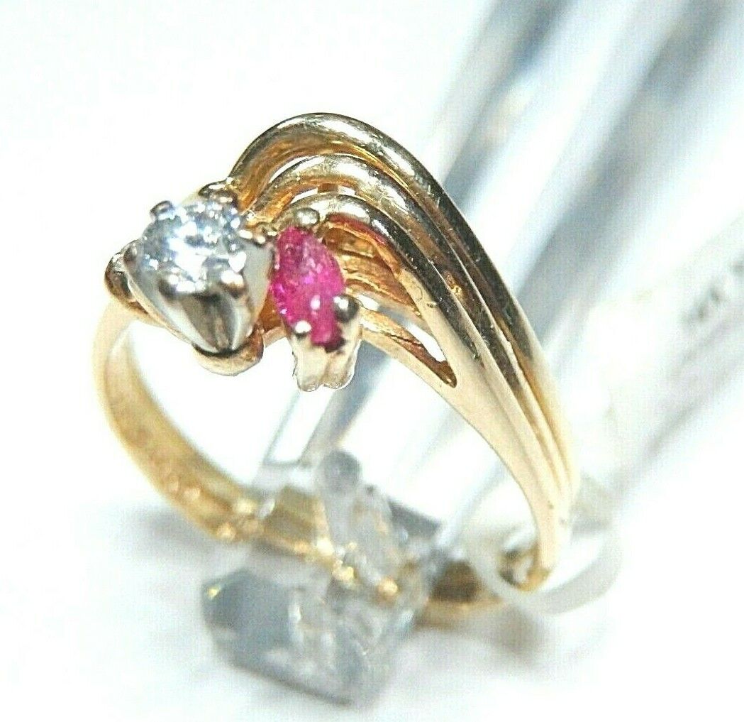 *VINTAGE*  14K Yellow Gold Natural VS Diamond & Ruby Engagement Bridal Ring Set