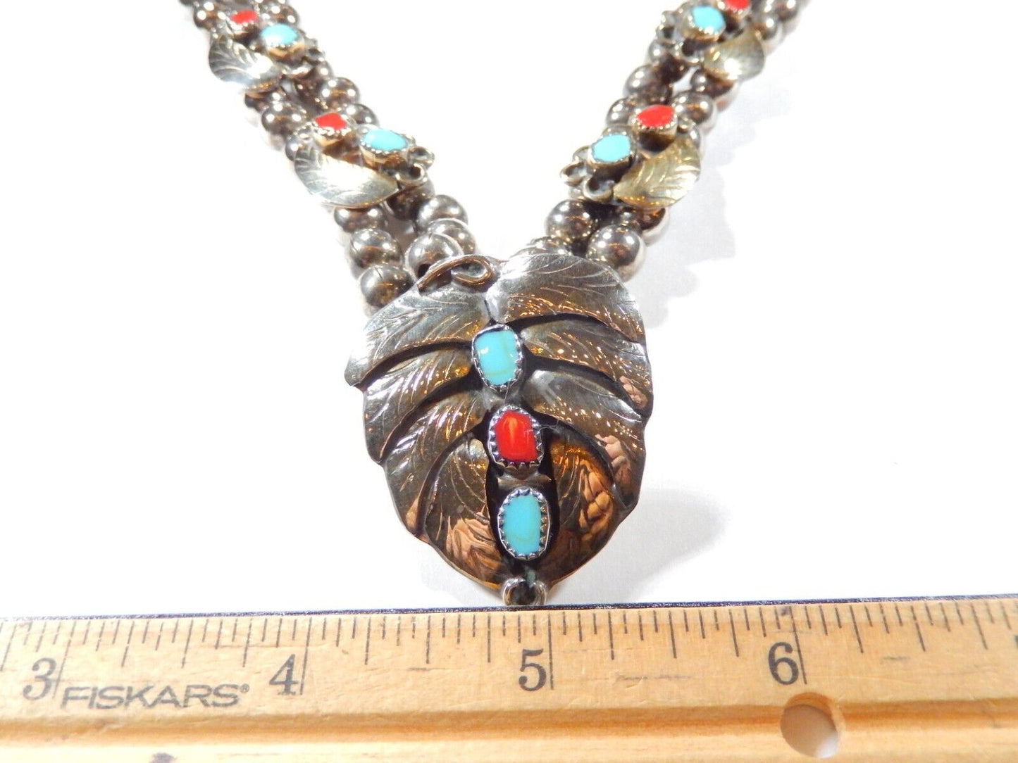 Native American Sterling Silver Turquoise Coral Leaf Beaded 2 Row Necklace 128gm