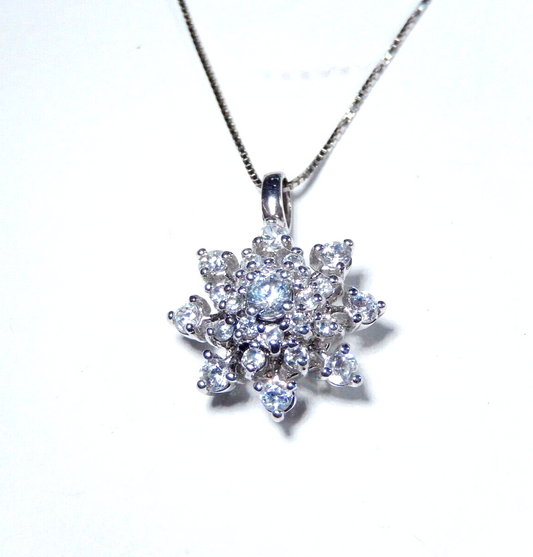 *VINTAGE* Sterling Silver CZ Snowflake Cluster Pendant  w/18" Sterling Chain