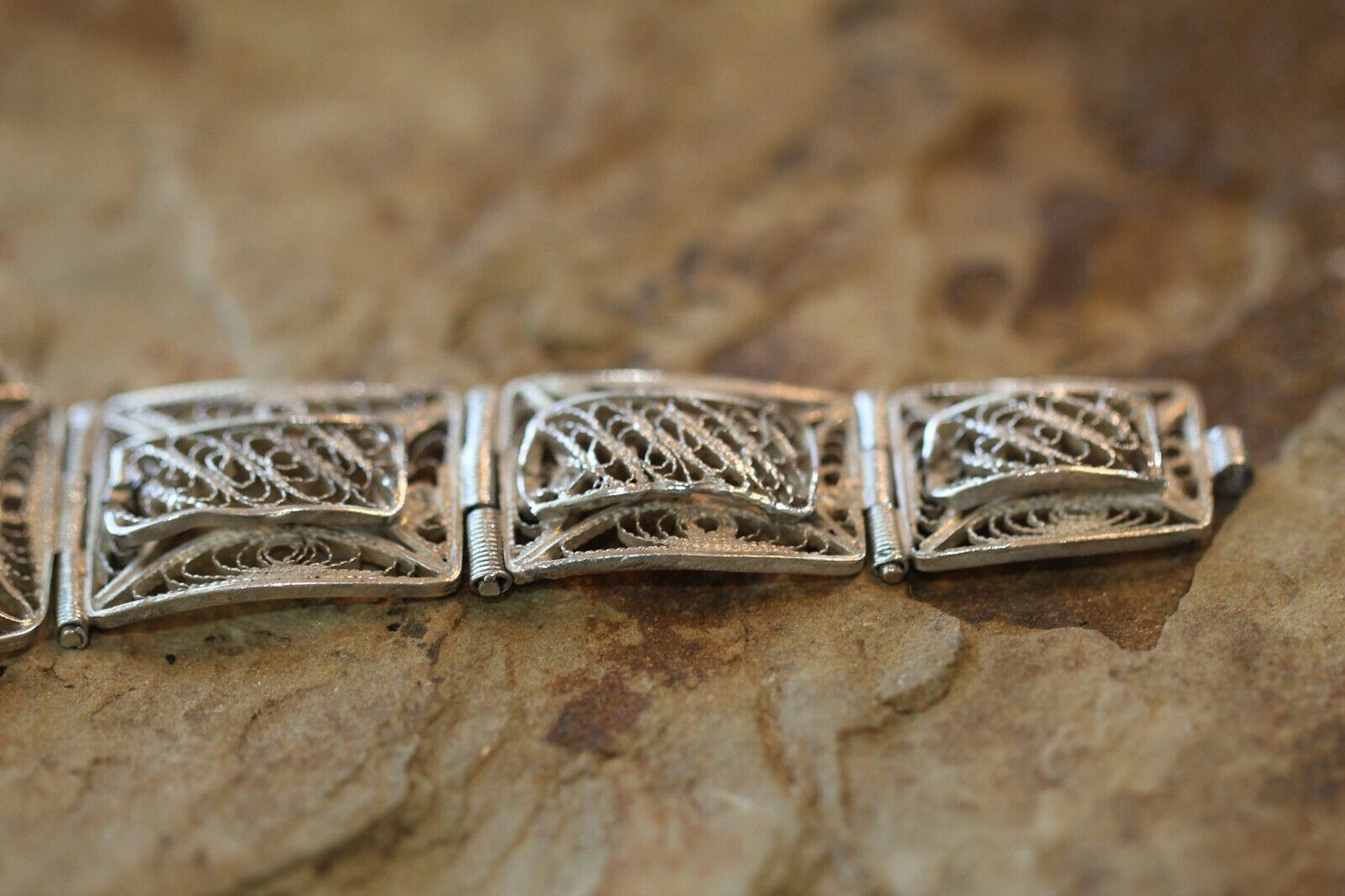 *VINTAGE*  EGYPTIAN Sterling Silver Detailed Filigree  Bracelet  7"