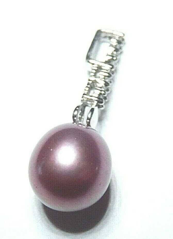 *NWT* 10k Solid White Gold Real Purple 8.5mm Pearl & 8 Diamond Pendant 1" Tall