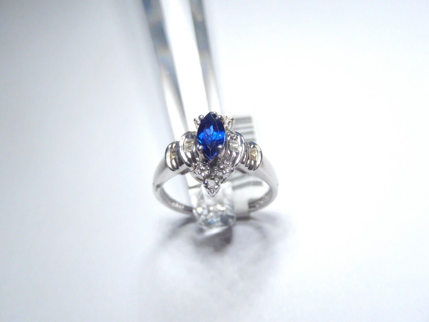 *NWT* 10k White Gold Lab Created Blue Sapphire and Diamond Ring Size 7