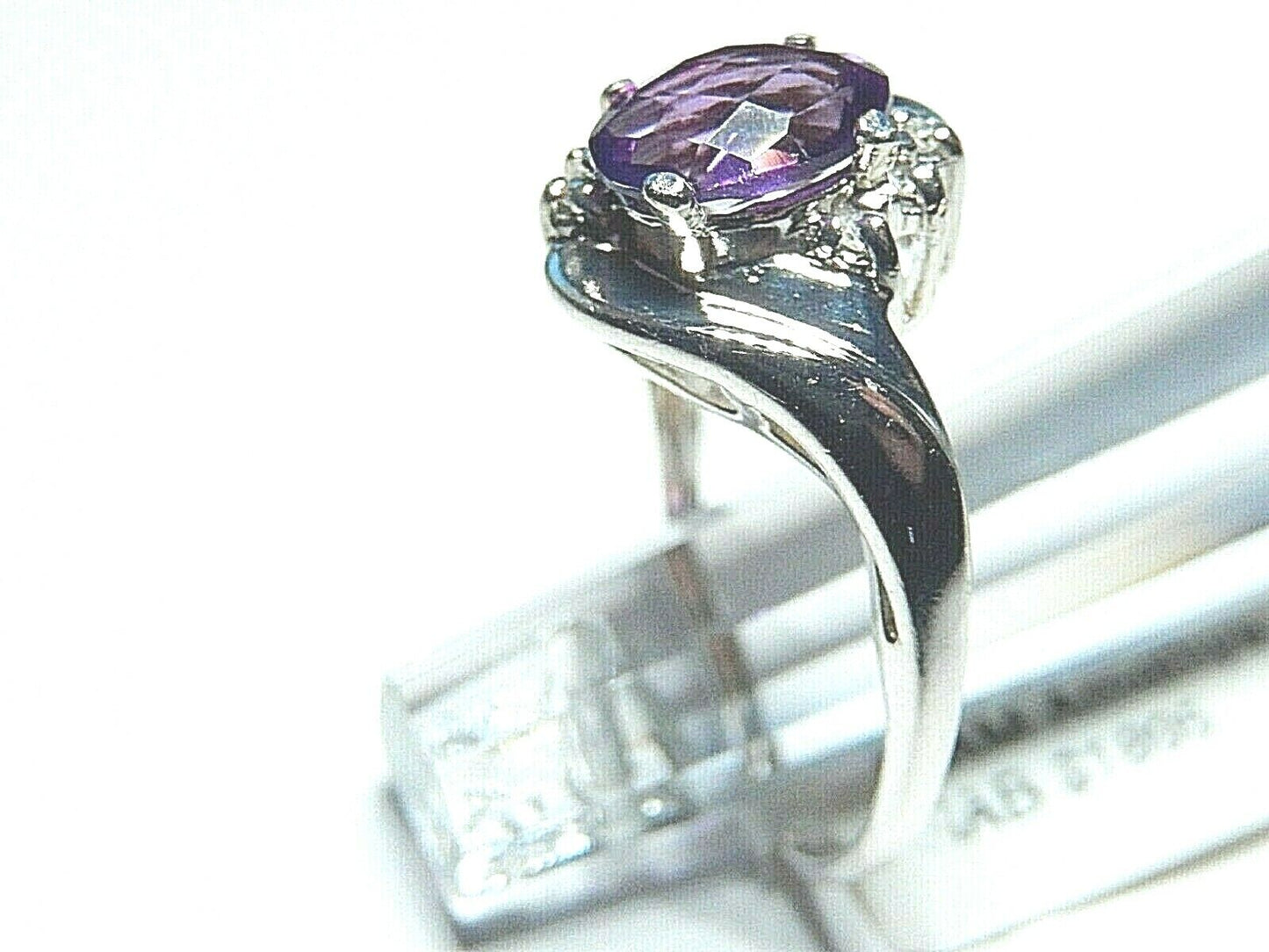 *NWT* 14k White Gold 1.50 CT Oval Amethyst & Diamond Bypass Ring Size 6.5