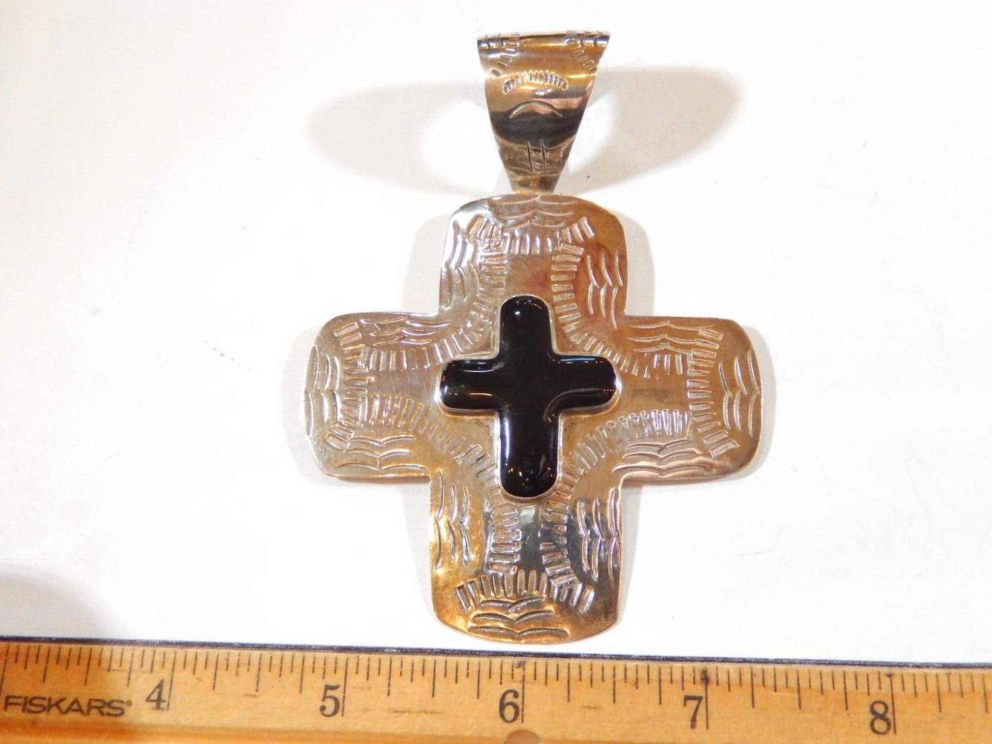 VINTAGE* LARGE 3 7/8" Tall Hand Stamped Sterling Silver Black Onyx Cross Pendant