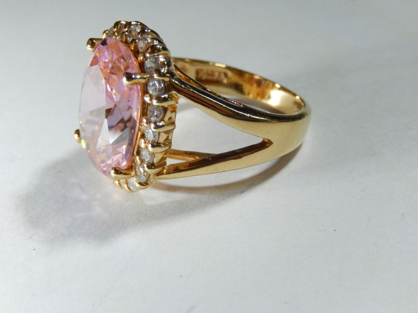 *VINTAGE* Sterling Gold Vermeil CZ Pink & White 13.0CT Oval Cocktail Ring Sz 6.5