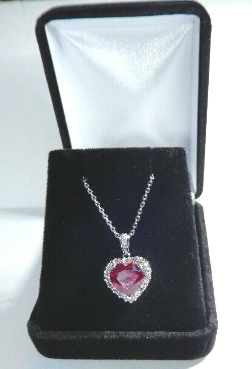 *NWT* 10K White Gold 4.00CT Heart Ruby & Natural Diamond  Pendant w/18" Chain