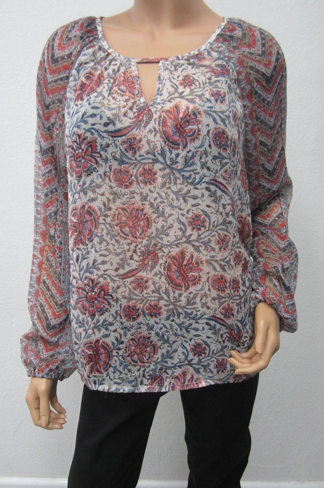 *NWT* Lucky Brand SUPER CUTE  Floral Sheer Panel Long Sleeve Blouse Top Size Med