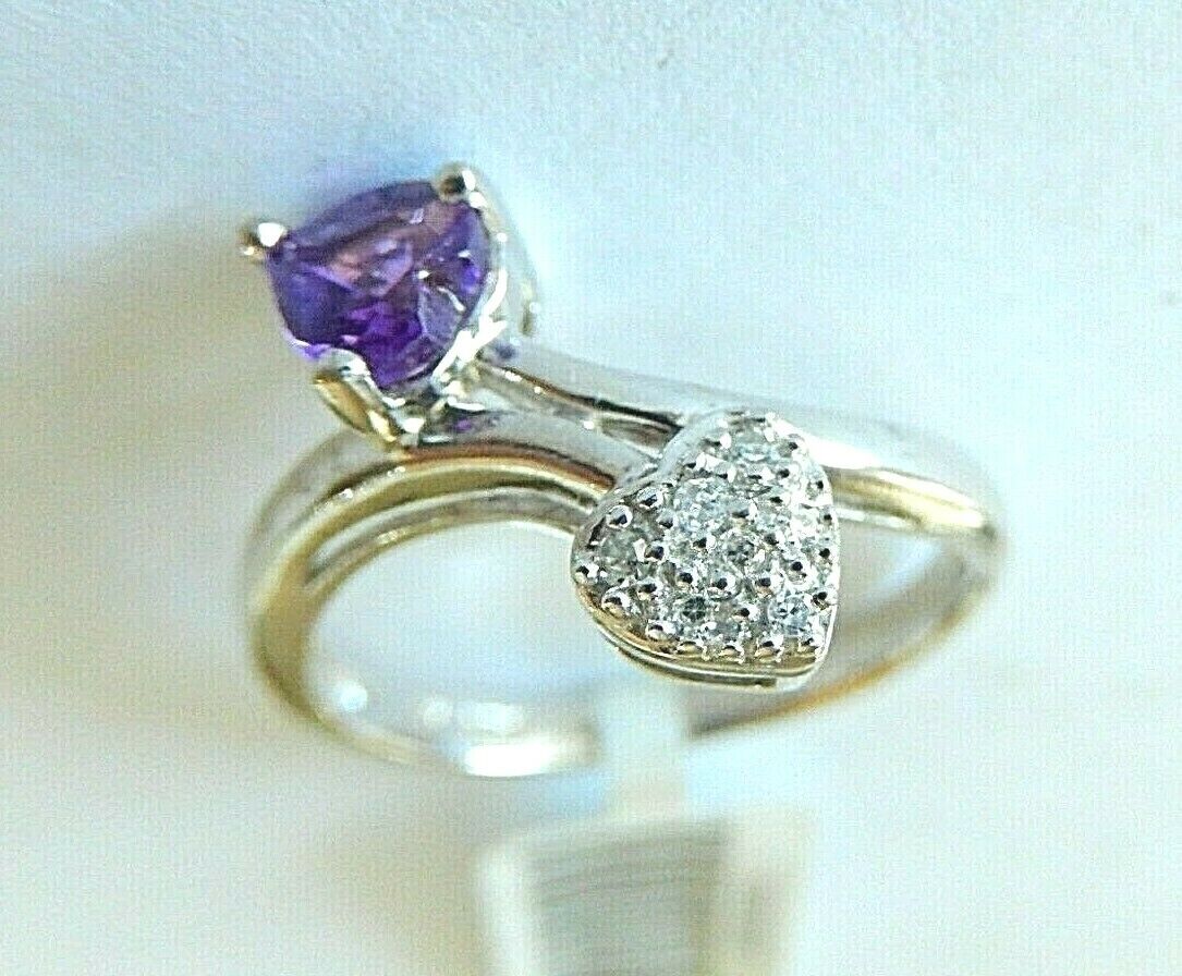 *NWT* 10k White Gold Ladies Heart Amethyst & Heart Diamond Bypass Ring Sz 7.25