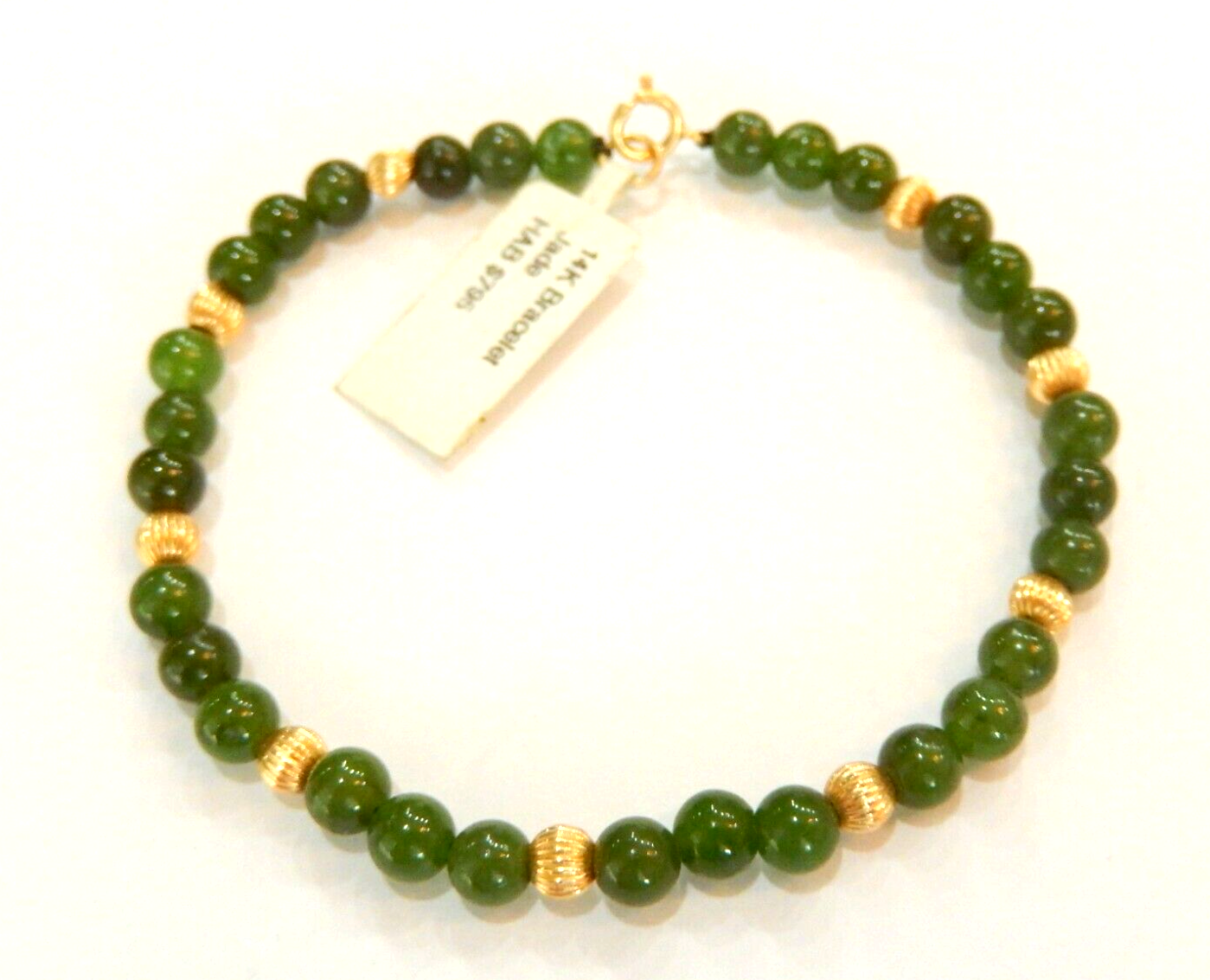 14K 4mm Yellow Gold and  5mm Green Jade Bead Bracelet 7.25"