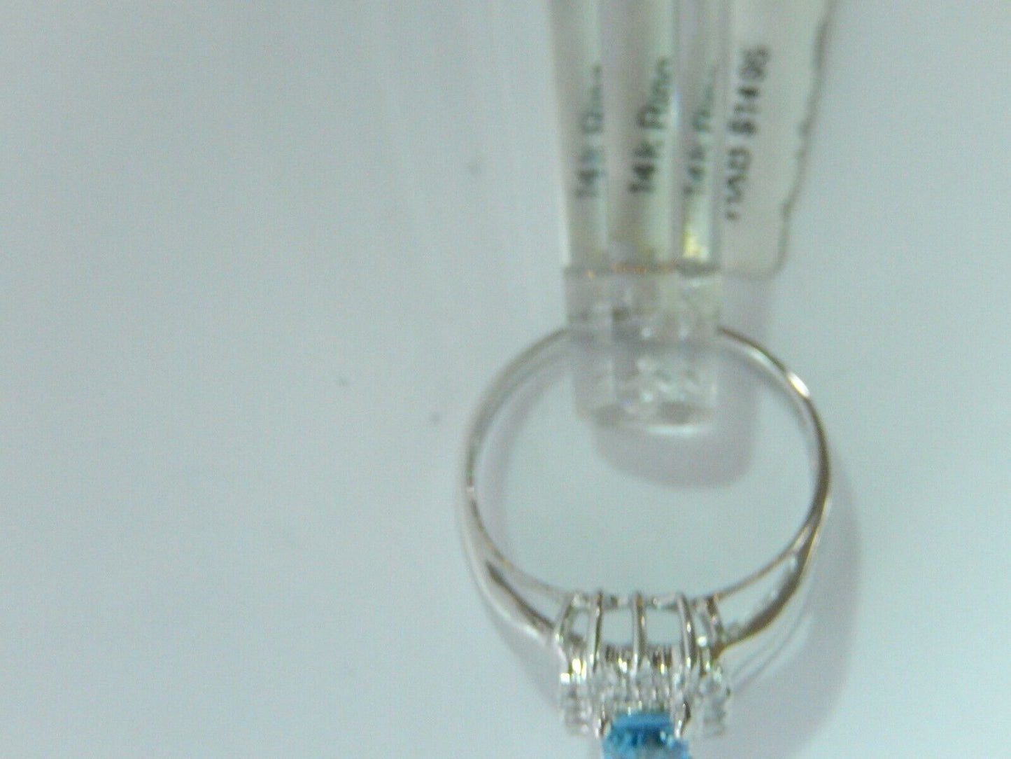 14K WHITE GOLD EMERALD CUT BLUE TOPAZ & DIAMOND HALO RING Sz 7.5