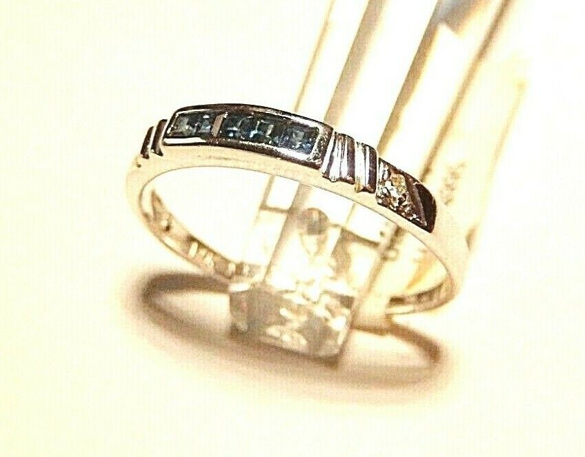 *NWT* 14k White Gold Princess Cut Sapphire & Round Diamond 3mm Band Size 8.25