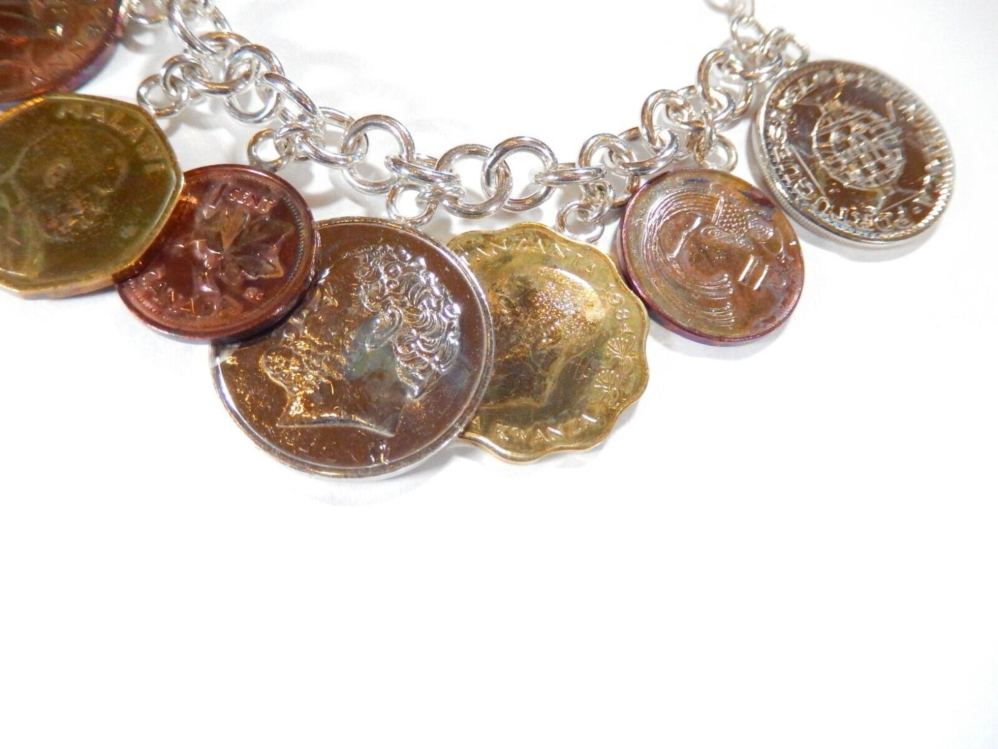 *VINTAGE*  Sterling Silver Italy International Coin Bracelet 7” Unique Piece!