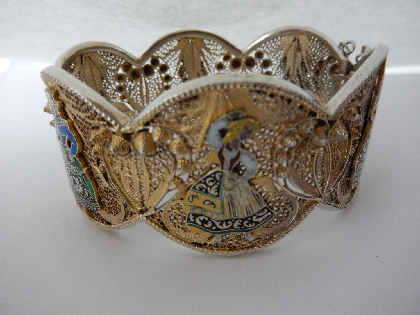 VINTAGE PORTUGAL HEAVY STERLING SILVER FILIGREE GOLD HINGED BANGLE BRACELET 7.5"