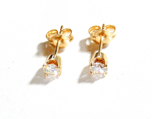 14K Solid Yellow Gold .33CT TW Round Solitaire Cubic Zirconia  Ear Stud Earrings