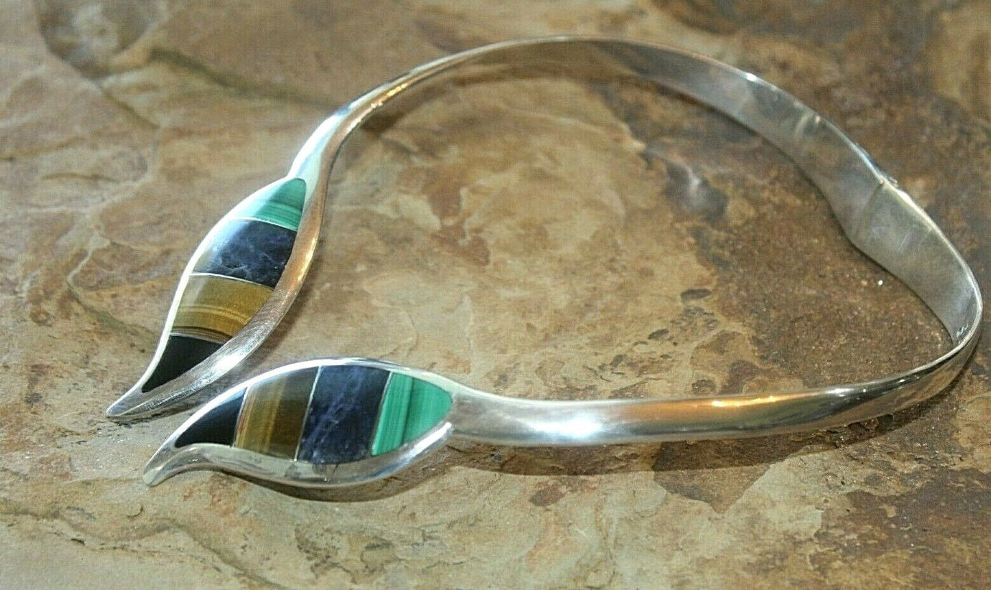 *VINTAGE* Taxco Mexico Sterling Silver & Multi Gem Hinged Choker Collar Necklace