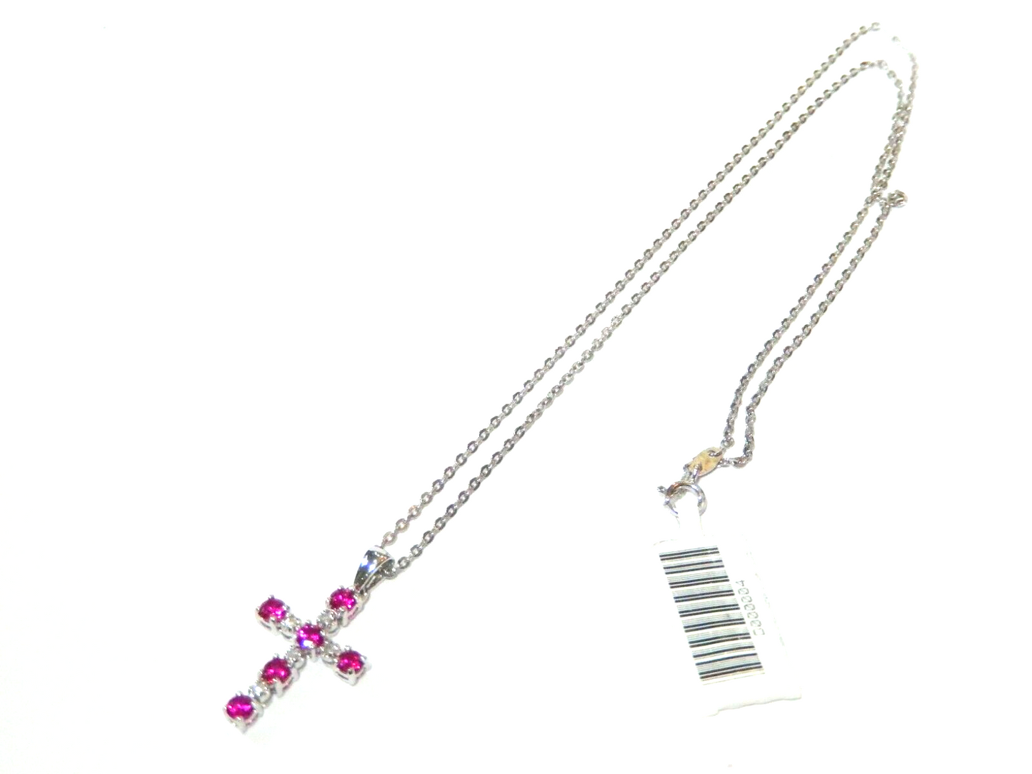 SOLID 10K White Gold Ruby & Diamond Cross Pendant w/18" Chain