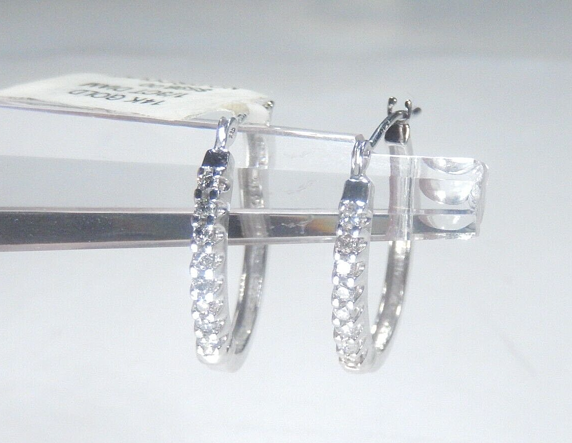 10K White Gold  1/3 CT Natural Diamond 3/4" Oval Hoop Earrings