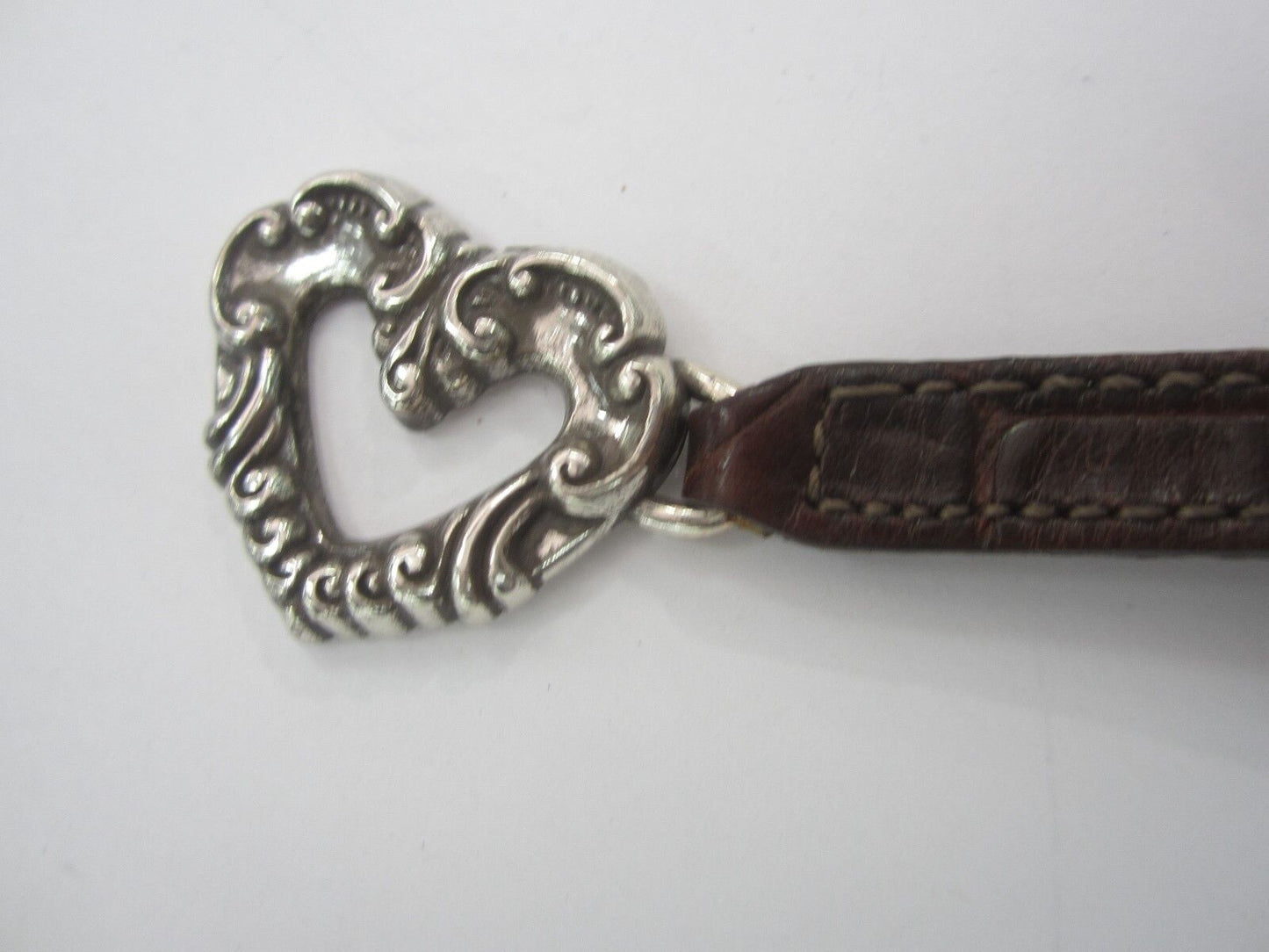 RETIRED Brighton silver tone Brown Leather w/ Heart Scroll Ornate bracelet