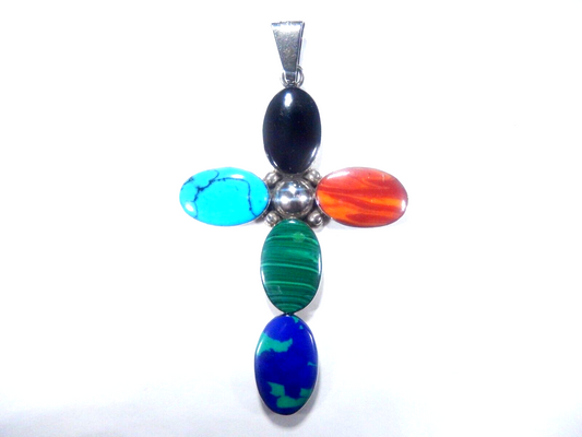 *VINTAGE*  Large Sterling Taxco Mexico Multi Gemstone Cross Pendant 3.5" Tall