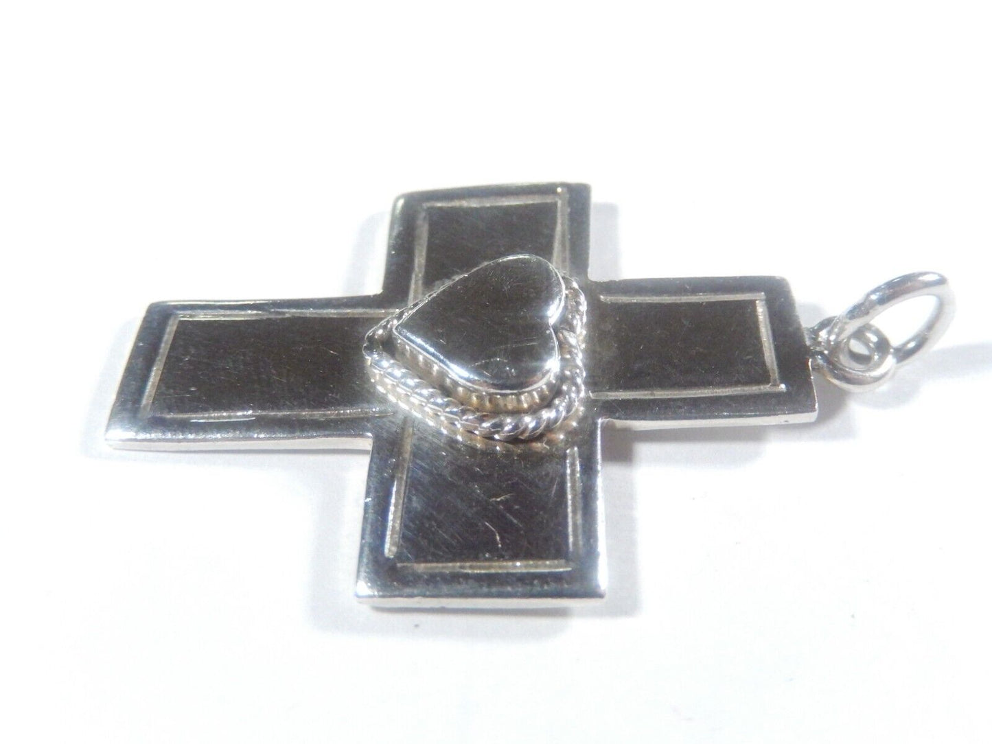 *VINTAGE*  Taxco 925 Sterling Silver Lined Heart Cross Pendant Mexico TB-45