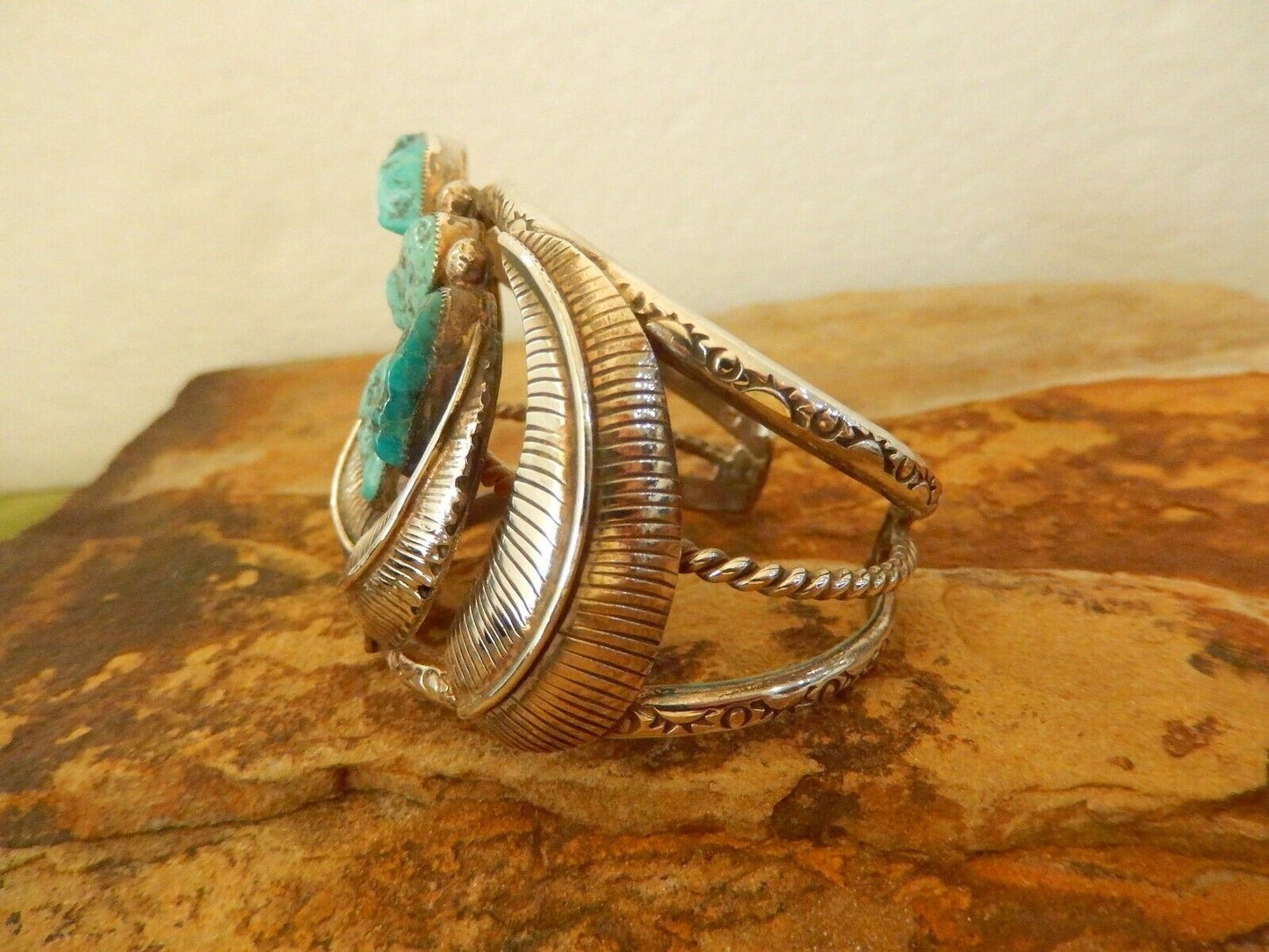 Vintage Signed "EM" Wide Southwest Heavy Turquoise Sterling Silver Cuff Bangle