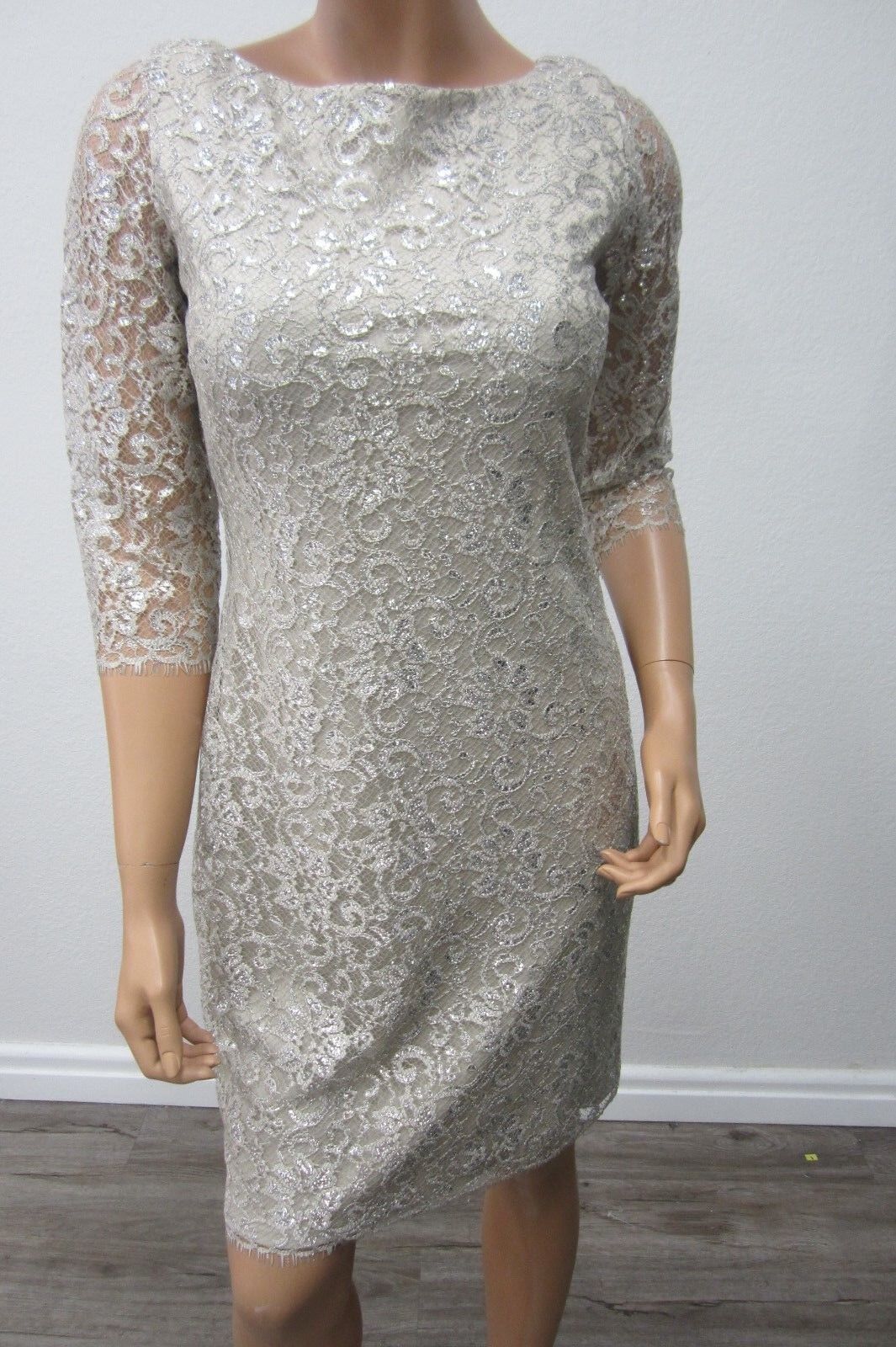 NWT CALVIN KLEIN COLLECTION  Lace Dress  Silver with Silver Metalic Thread Siz 6