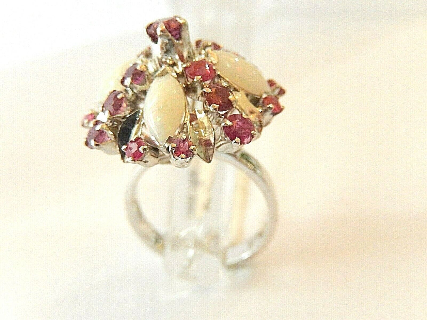 *Vintage* 12k White Gold Natural Opal & Ruby Harem Ballerina Ring size 6.5