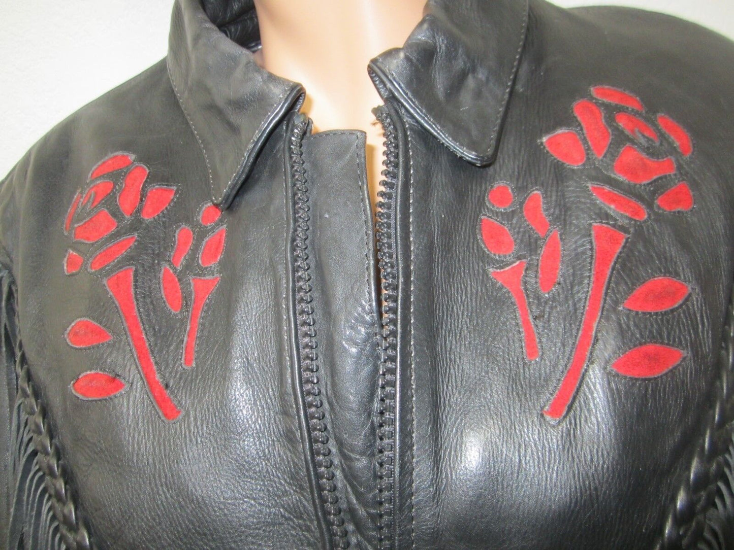 HUDSON LEATHER VINTAGE THICK HEAVY FRINGE RED FLOWER MOTORCYCLE JACKET LINED