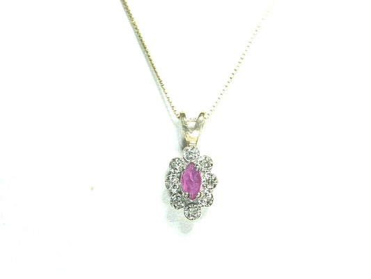 *VINTAGE* 14k Yellow Gold Marquise Ruby Pendant w/ 8 Diamond Halo w/18" 14kChain