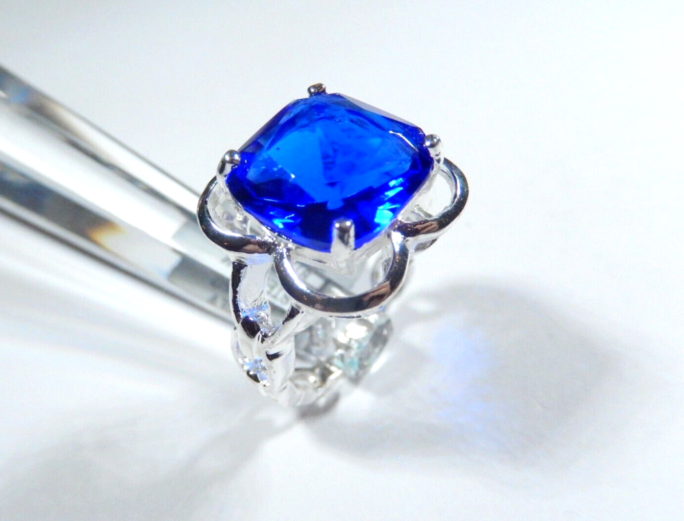 Sterling Silver 9.0 CT Cushion Cut Simulated  Blue Sapphire Ring Size 8.5