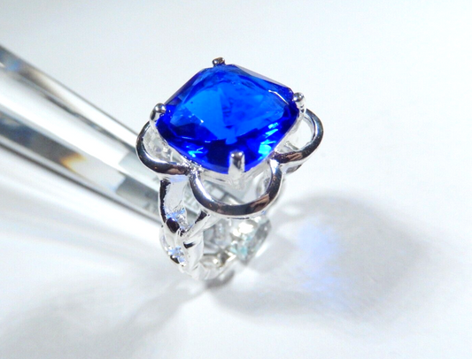 Sterling Silver 9.0 CT Cushion Cut Simulated  Blue Sapphire Ring Size 8.5