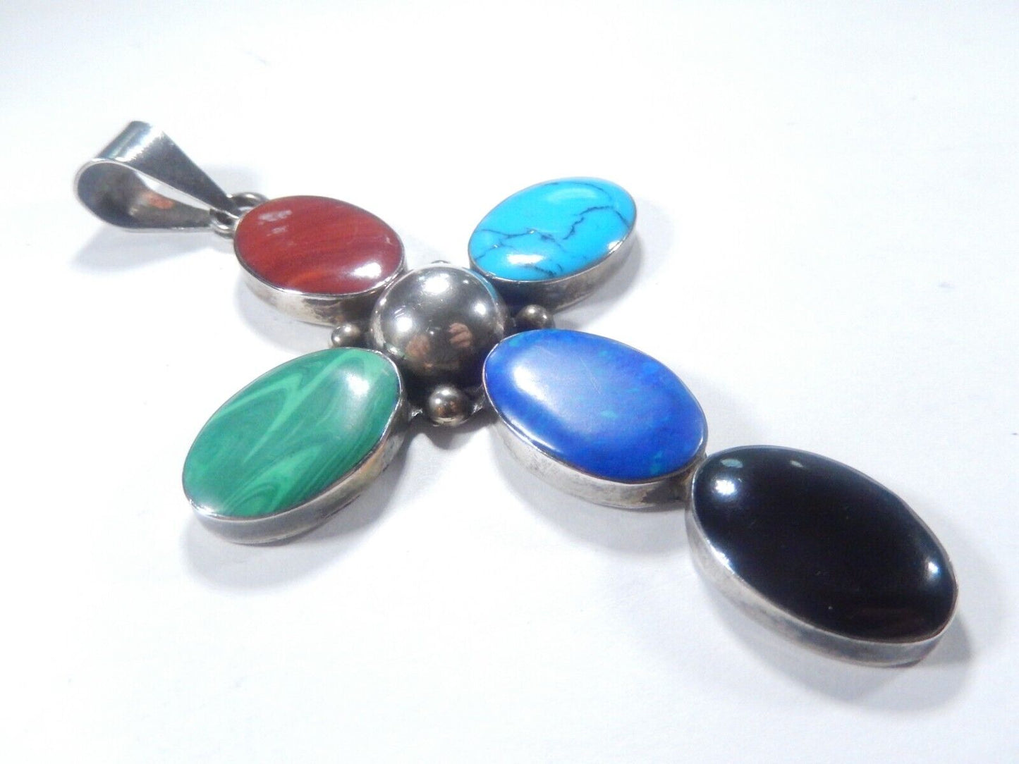 *VINBTAGE*  Large Sterling Taxco Mexico Multi Gemstone Cross Pendant 4" Tall