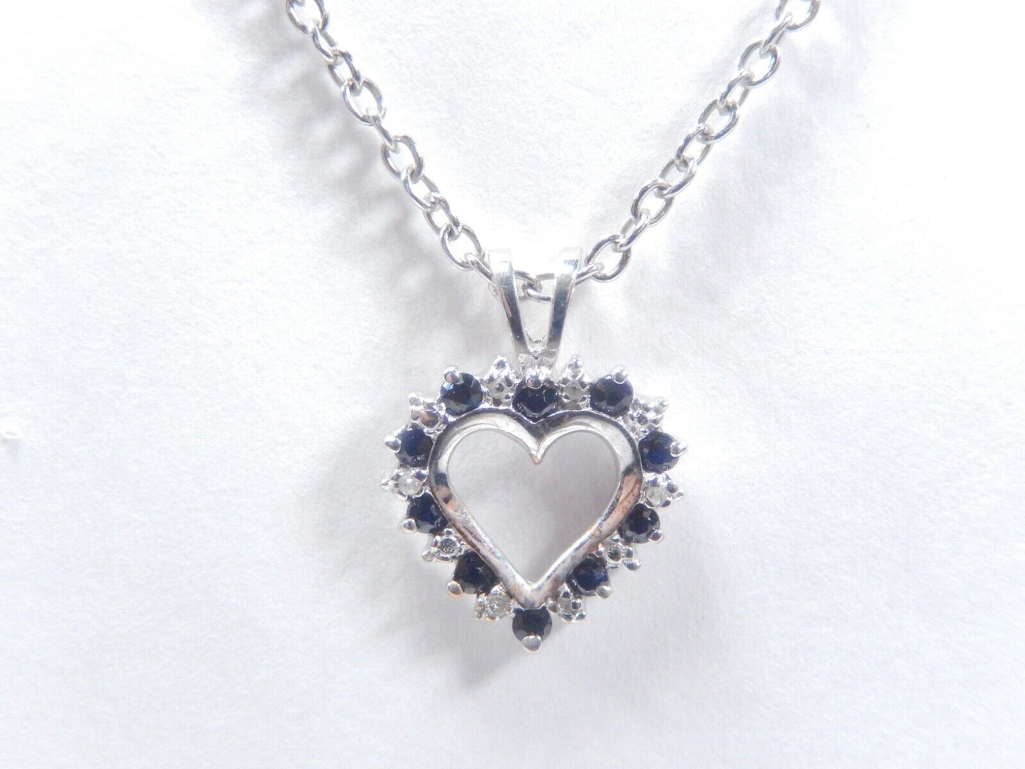 10k White Gold Round Sapphire And Diamond Heart Pendant with 18" Chain