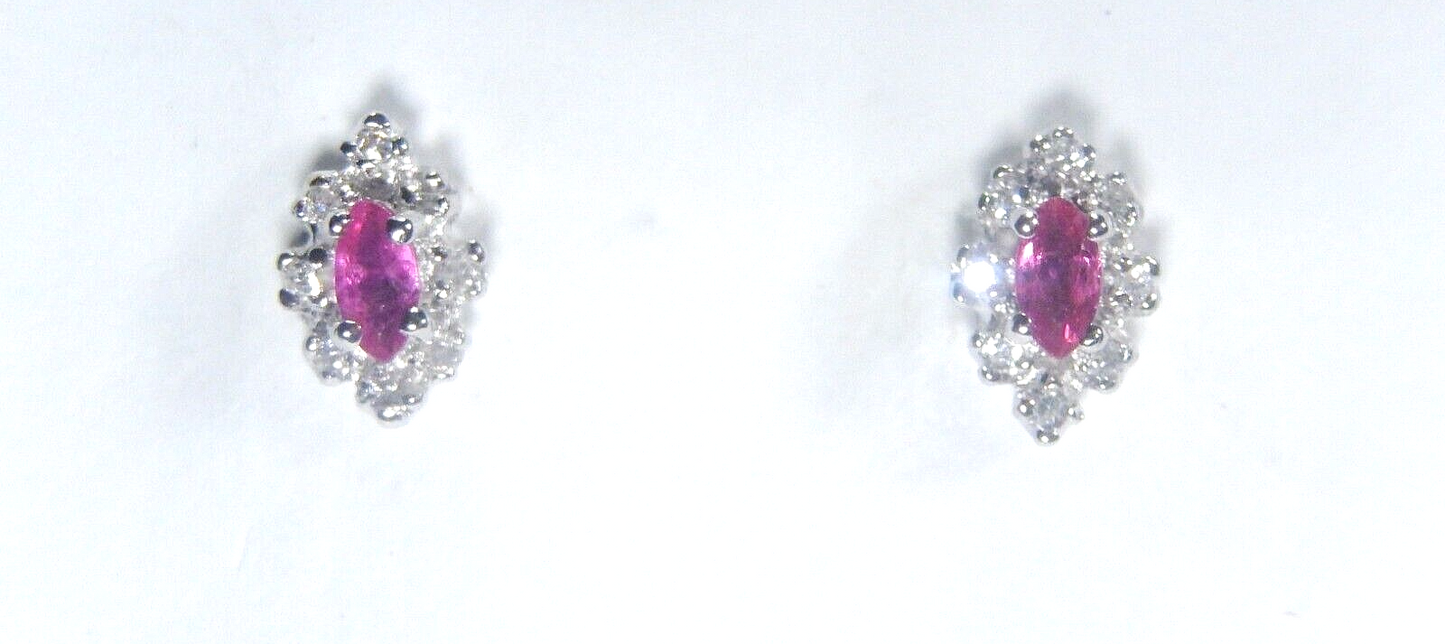 14k Solid White Gold Natural Ruby 16 Diamond Halo  Ear Studs