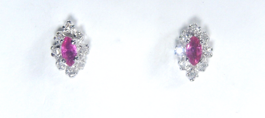 14k Solid White Gold Natural Ruby 16 Diamond Halo  Ear Studs
