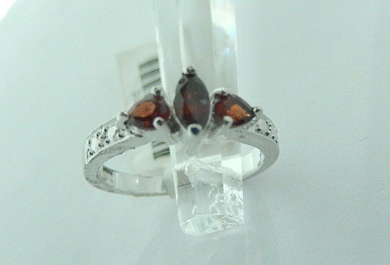 10K White Gold Three-Stone Garnet Ring Size 7.5