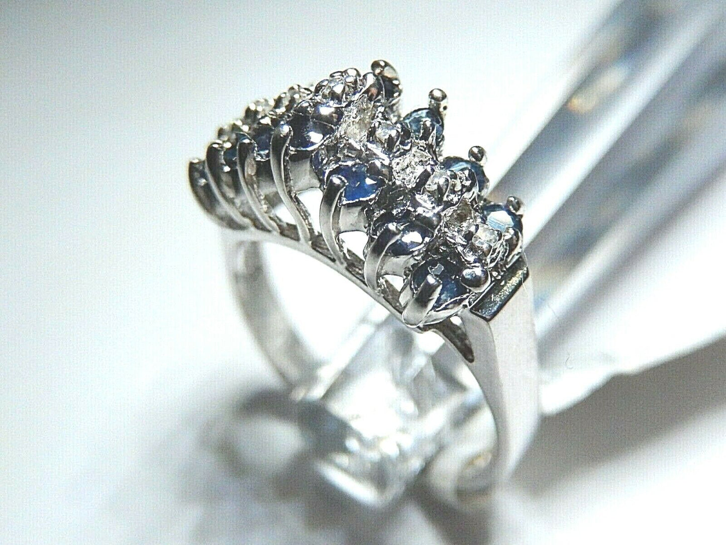 *NWT*  10K White Gold .33CT Ladies 3 Row Pyramid Sapphire & Diamond Ring Sz 6.75