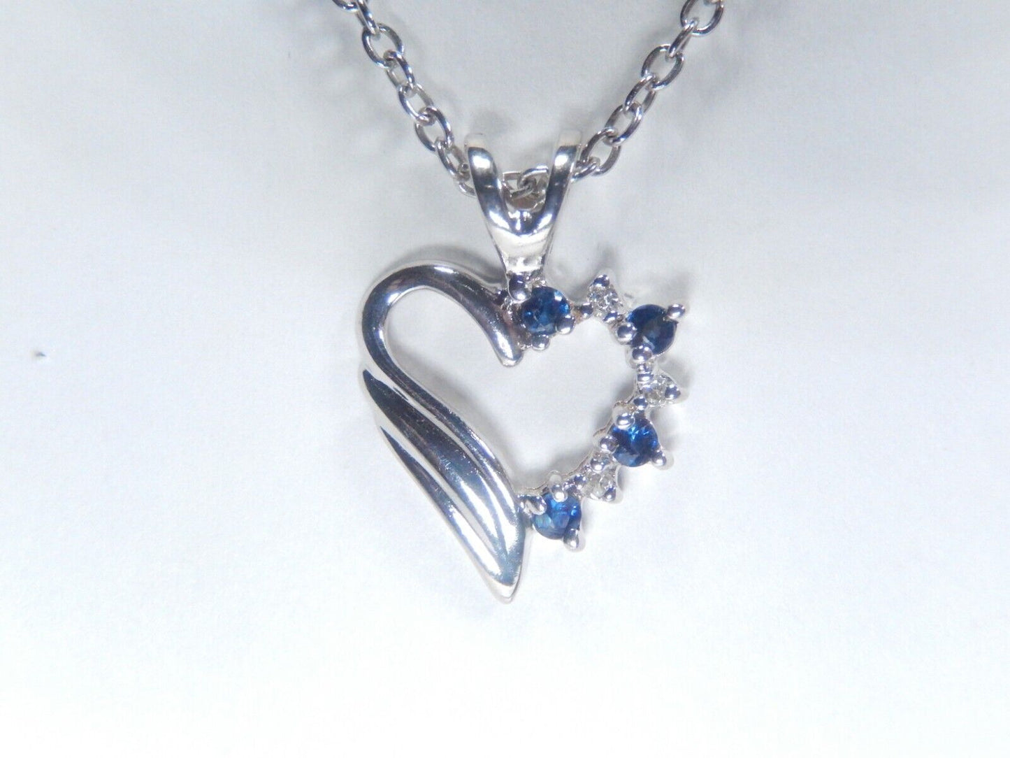 14k White Gold Sapphire and Diamond Heart Shaped Pendant with 18" Chain