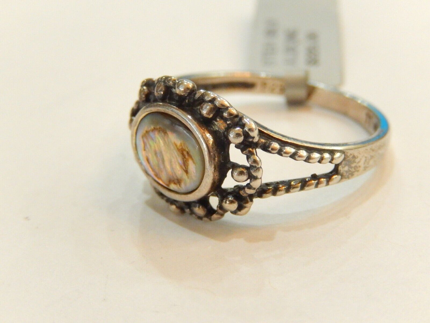 STERLING SILVER 925 SOLITAIRE ABALONE WITH BEADWORK  RING SIZE 11