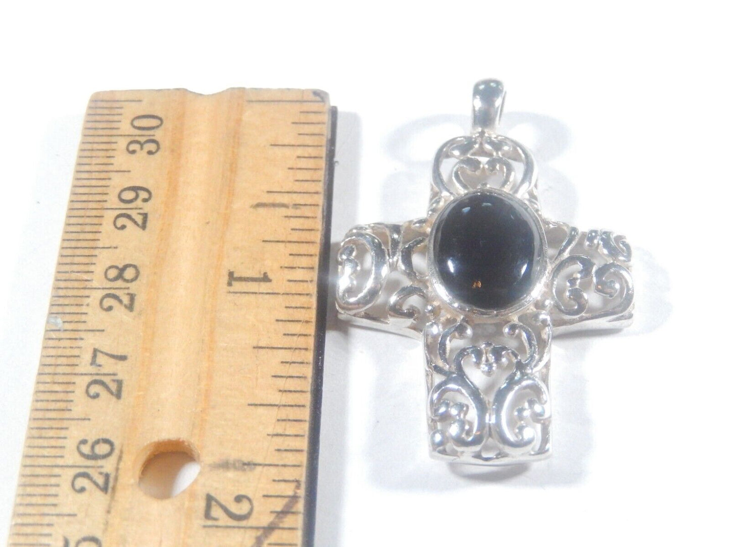 *VINTAGE*  Sterling Silver Filigree Black Onyx Cross Pendant-1.75" x 1.25"