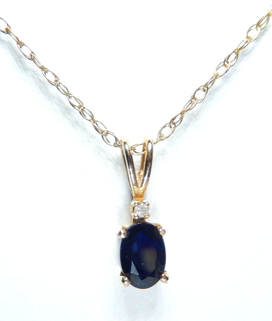 10k Yellow Gold Oval Sapphire And Diamond Pendant with 18" Chain