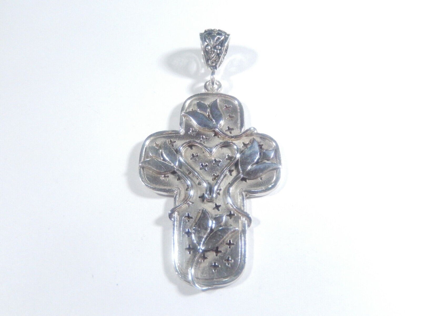 *VINTAGE* Sterling Silver HEAVY  LARGE  HEART &  FLOWER  CROSS PENDANT-22.5 gms