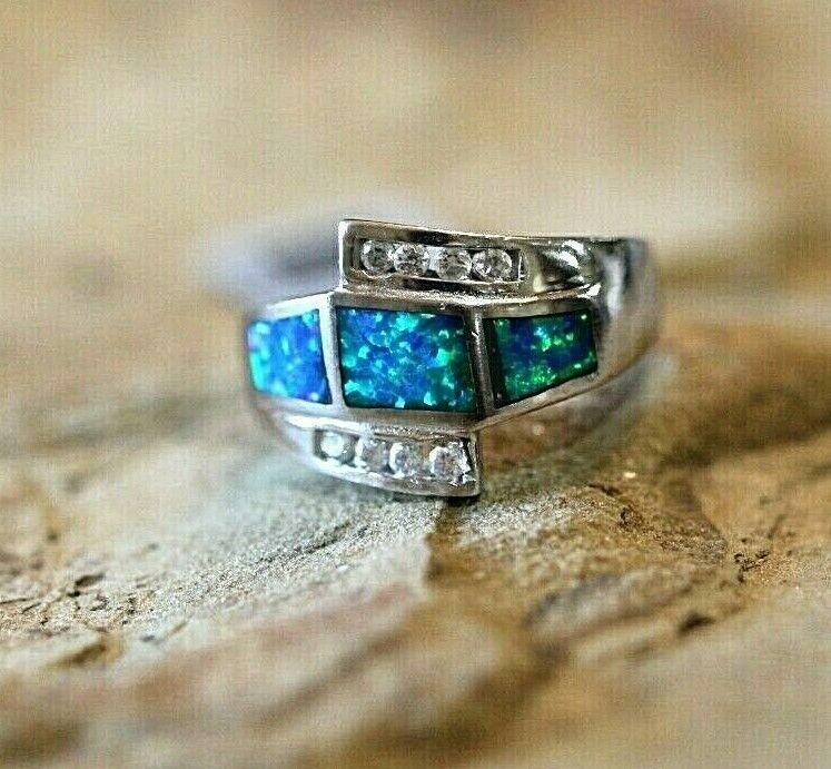 *VINTAGE*   FIRE OPAL Ring with CZ Crystals 925 STERLING SILVER Size 7.5