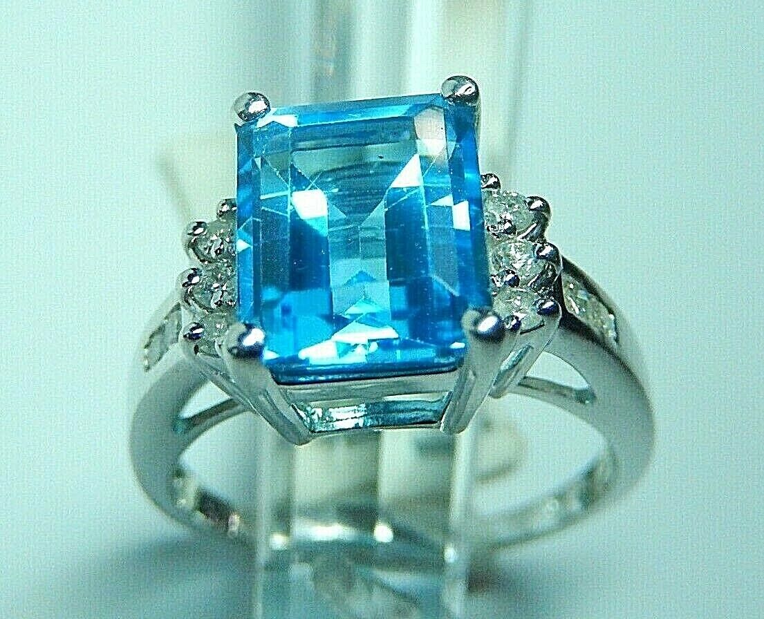 10K White Gold 3CT London Blue Topaz & 10 Natural Round Diamond Ring Sz 7.5