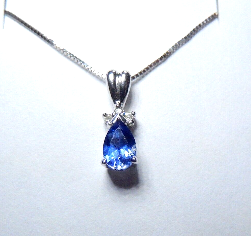 *VINTAGE* 14k White Gold .33 CT Tanzanite & 3 Diamond Tear Drop Pendant w/18"Chn