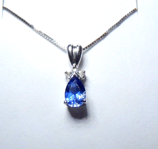 *VINTAGE* 14k White Gold .33 CT Tanzanite & 3 Diamond Tear Drop Pendant w/18"Chn