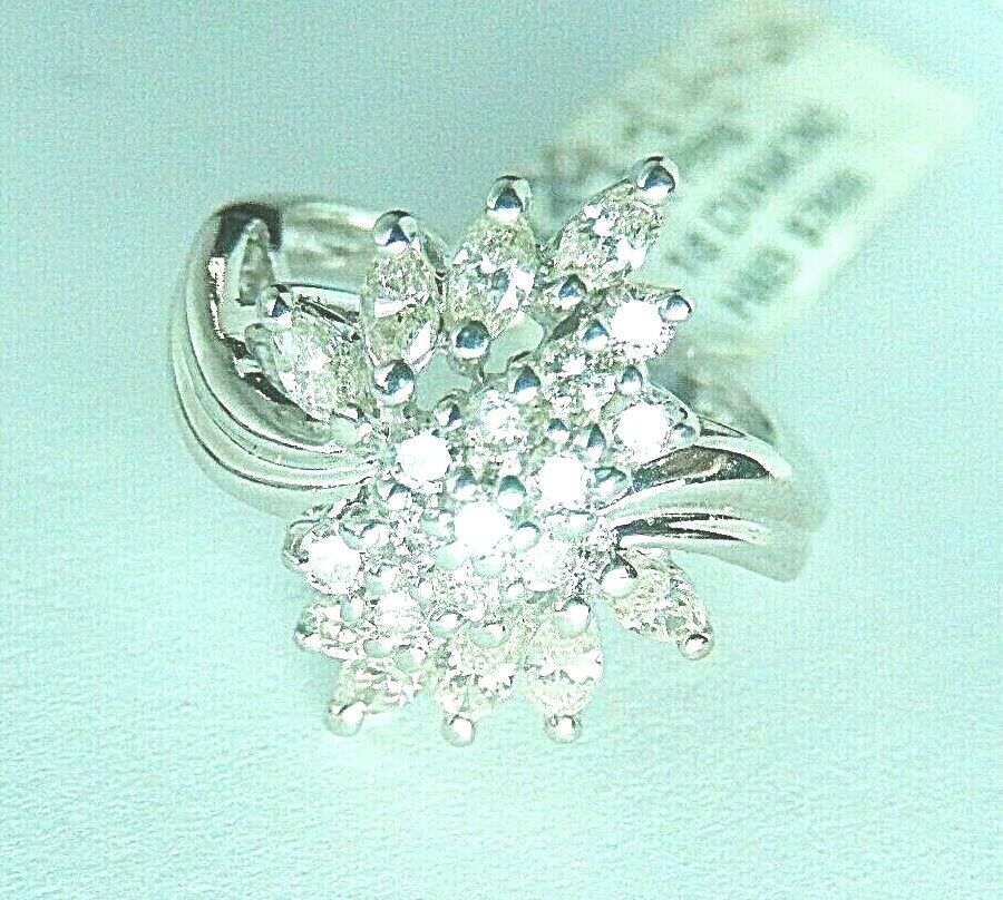 14k White Gold 1 Ct Tw Natural VS Diamond Engagement or Cluster Ring Size 5.25
