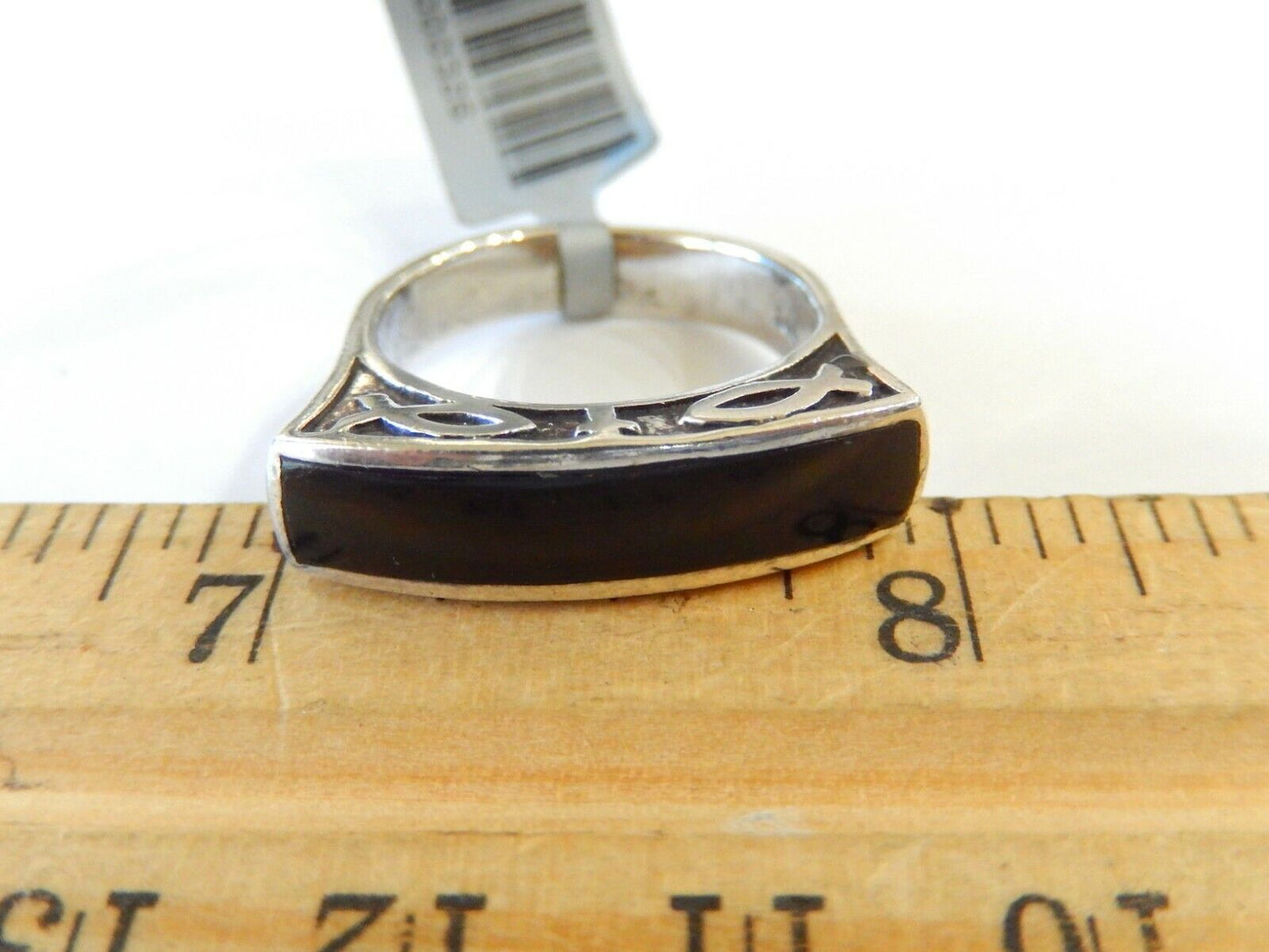 *VINTAGE*  Black Onyx Sterling Silver Ichthus Christian Fish Ring Sz 8